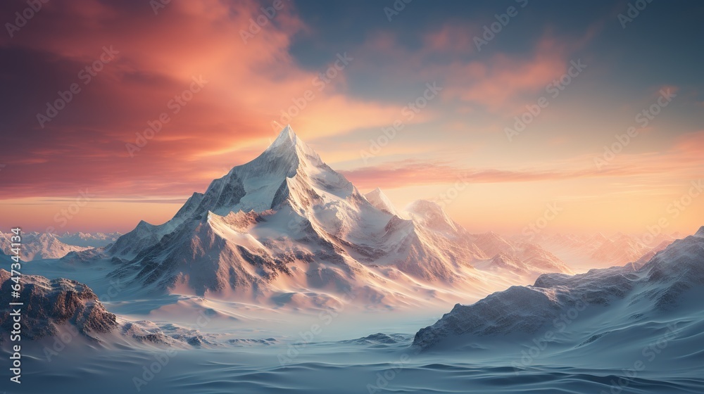 a snowy mountain with a red sky in the background and clouds in the foreground. generative ai a snowy mountain with a red sky in the background and clouds in the foreground. generative ai