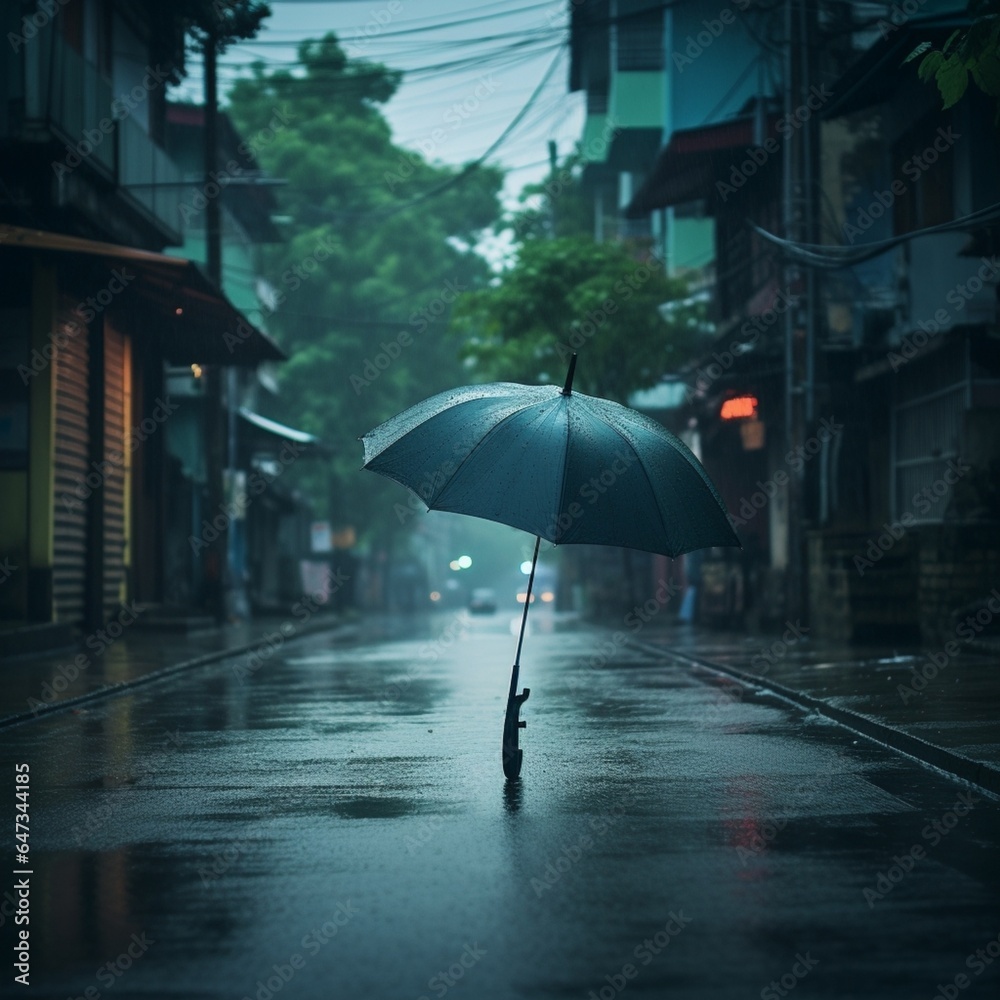 a solitary umbrella standing on an empty street with rain pouring down capturing the beauty of solitude during a monsoon