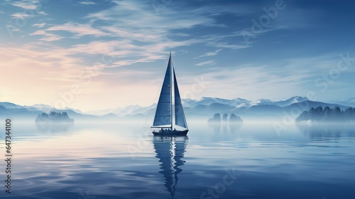  a sailboat floating on a lake with mountains in the background. generative ai