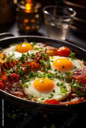 Big plate with eggs, vegetables, cheese omelette, meet, healthy breakfast. AI Generative