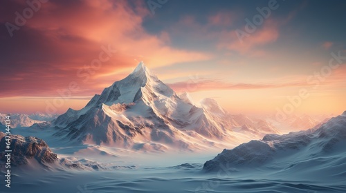  a snowy mountain with a red sky in the background and clouds in the foreground. generative ai