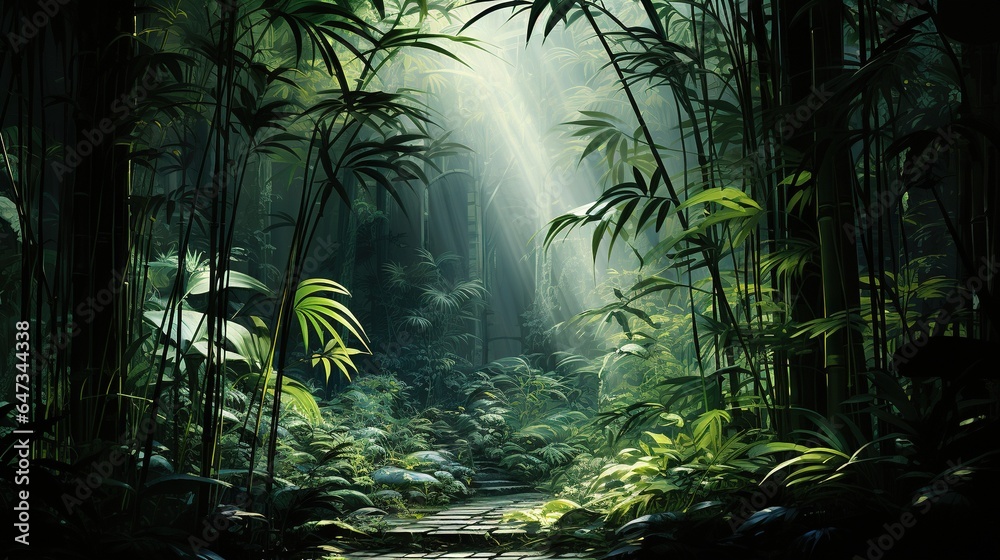  a painting of a path through a jungle with sunbeams.  generative ai