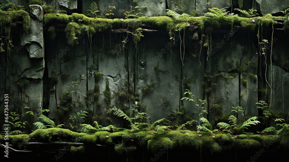  a moss covered wall with a bunch of plants growing on it.  generative ai