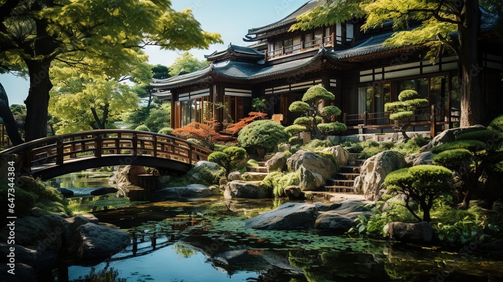  a painting of a japanese garden with a bridge over a pond.  generative ai