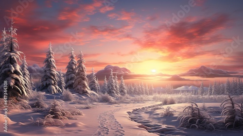  a painting of a snowy landscape with a sunset in the background.  generative ai © Jevjenijs