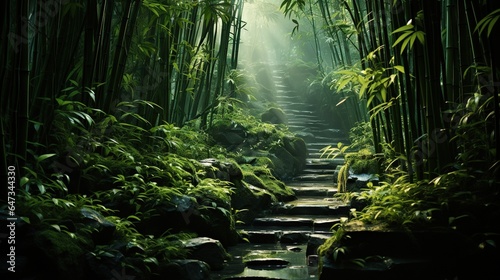  a path through a bamboo forest with a stream running through it.  generative ai