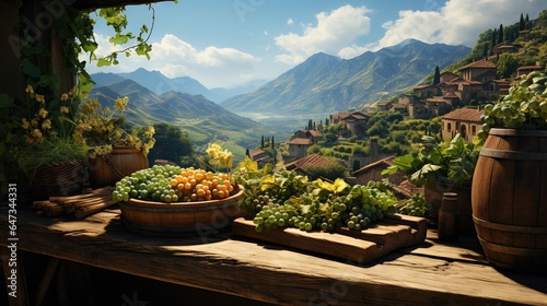  a wooden table topped with a bowl of fruit and vegetables. generative ai