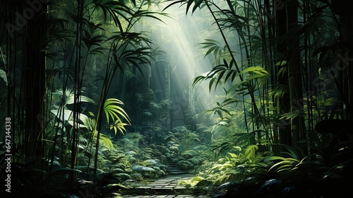  a painting of a path through a jungle with sunbeams. generative ai