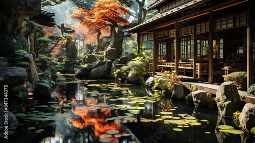  a japanese garden with a pond and a bench in the center.  generative ai