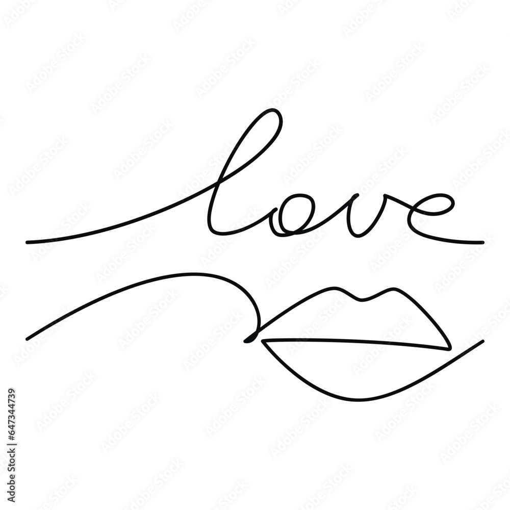 Vector hand writing, Love word. Line continuous female lips. Slogan, quote, text, lettering, graphic design, calligraphy print, banner, poster, Valentine’s Day card, brochure, sign, symbol, logo.