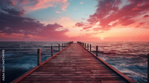  a long pier extending into the ocean with a sunset in the background. generative ai
