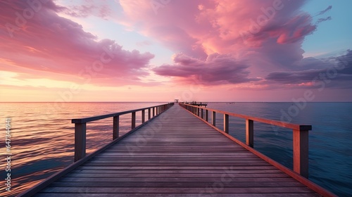  a long wooden pier extending into the ocean under a cloudy sky.  generative ai © Jevjenijs