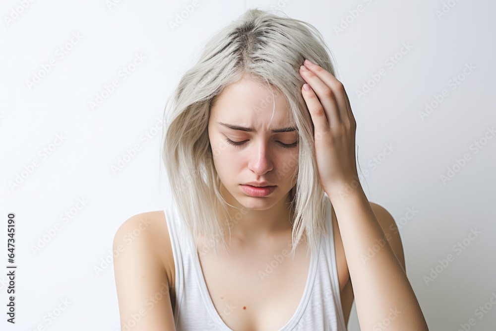 Fototapeta premium A woman with their hands in their hair, looking stressed and frustrated.