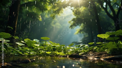  a stream of water surrounded by lush green plants and trees.  generative ai