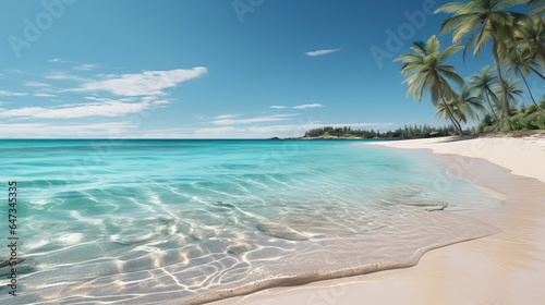  a sandy beach with palm trees and clear blue ocean water.  generative ai © Jevjenijs