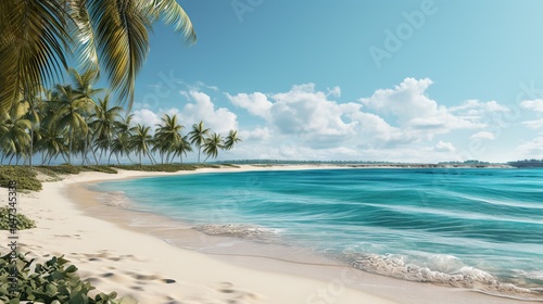  a painting of a beach with palm trees and blue water.  generative ai © Jevjenijs