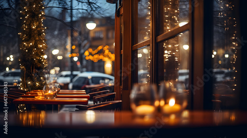 Restaurant ambient with blurred background view outside windows. Cafe with table in clam and warm surrounding.