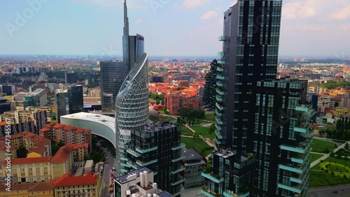 Modern architecture in the business center on the embankment of Porta Nova Varezine. Office buildings BNP. Drone shooting. Skyscrapers made of glass and concrete Balconies. Milan Italy 10.2023