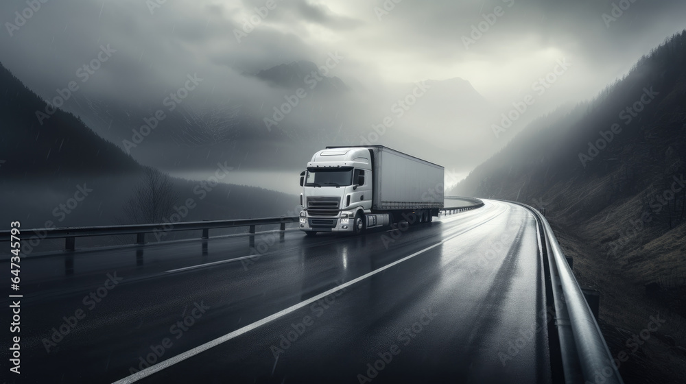 Truck with container on highway, cargo transportation concept. Shaving effect. Truck with container on highway, cargo transportation concept. Shaving effect.