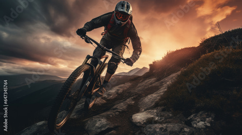 Cyclist Riding the Bike Down the Rock at Sunrise in the Beautiful Mountains on the Background. Extreme Sport and Enduro Biking Concept. © Evgeniia