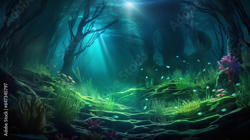 Underwater bioluminescent forest scene