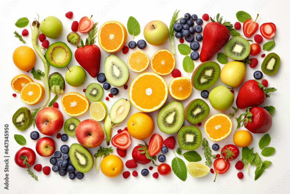 Fresh fruits and vegetables, healthy food, isolated flat lay from above white background ,generative ai Fresh fruits and vegetables, healthy food, isolated flat lay from above white background ,generative ai