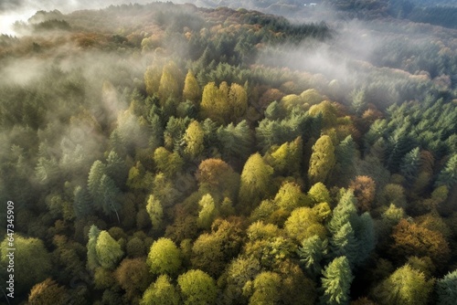 Aerial view of misty woodland with tall trees in the backdrop. Generative AI