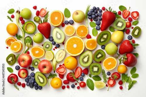 Fresh fruits and vegetables  healthy food  isolated flat lay from above white background  generative ai