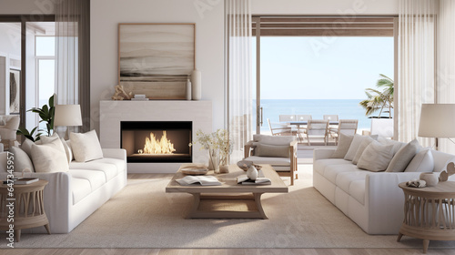Coastal living room with fireplace rendering