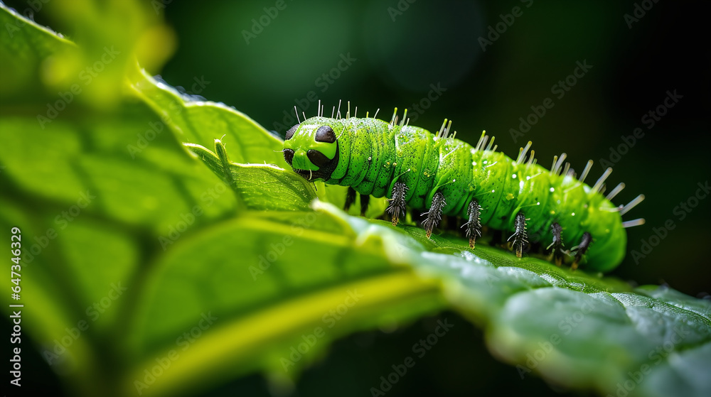 Caterpillar eating green leaf macro view Caterpillar eating green leaf macro view