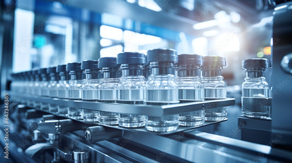 Pharmaceutical production line with vials on conveyor belt