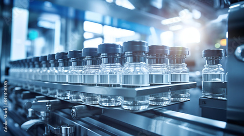 Pharmaceutical production line with vials on conveyor belt