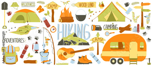 Outing equipment. Camping, set of cartoon travel trekking scouts tool, hiking gear adventure trip rucksack, vector illustration of tourist backpack