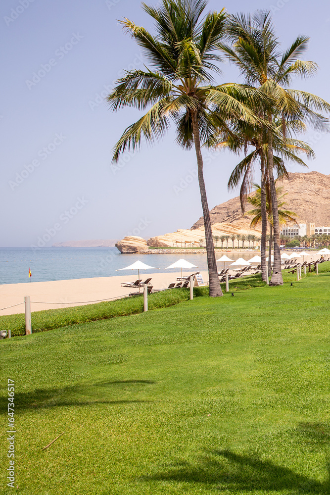 Omani Beach at the Barr Al Jissah Resort in Oman. It is located about 30 km east of Muscat Omani Beach at the Barr Al Jissah Resort in Oman. It is located about 30 km east of Muscat