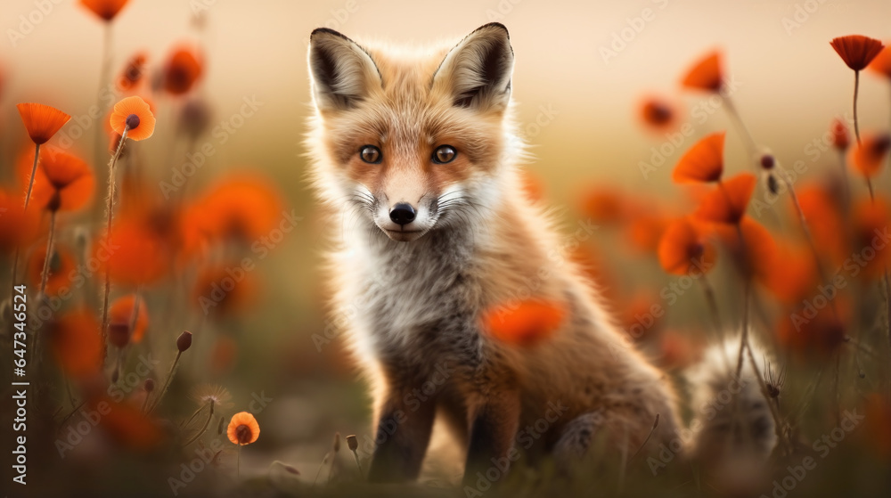 Fototapeta premium Fox in a field of red poppies 