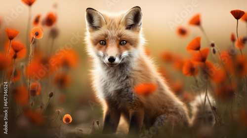 Fox in a field of red poppies 