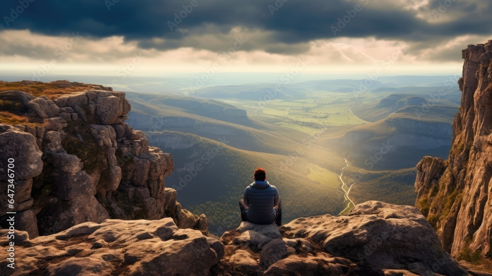 a person with a back view sitting on the edge of a cliff. Stunning views across a rugged cliff landscape