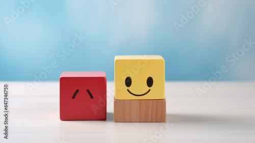 Mental health and emotional state, Smile face in bright side and sad face in dark side on wooden block cube for positive mindset selection, expression, mask, bipolar, generate by AI