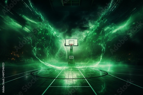 Picture of glowing basketball court with vibrant green color and flashy lightning effects. Generative AI