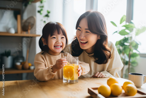 Happy Asian family Mother and Little girl are eating breakfast  drinking milk and drinking orange juice in the kitchen at home. generative ai