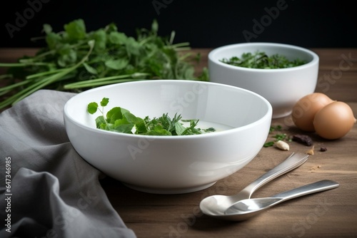 Meal in white bowl, spoon, wooden table, white vase, green herbs. Generative AI