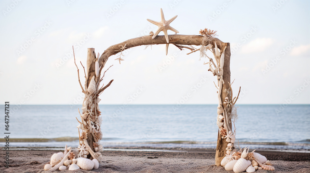 Fototapeta premium Beach wedding arch crafted from driftwood and seashells