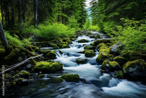 River flowing in lush forest, long exposure captures motion of cascading water. Serene creek in Alaskan-like woods. Generative AI