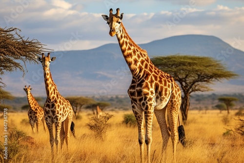 Giraffes feed in Serengeti National Park  Tanzania. Generative AI