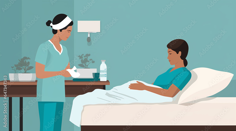 Nurse providing medical care to patient in hospital illustration Nurse providing medical care to patient in hospital illustration