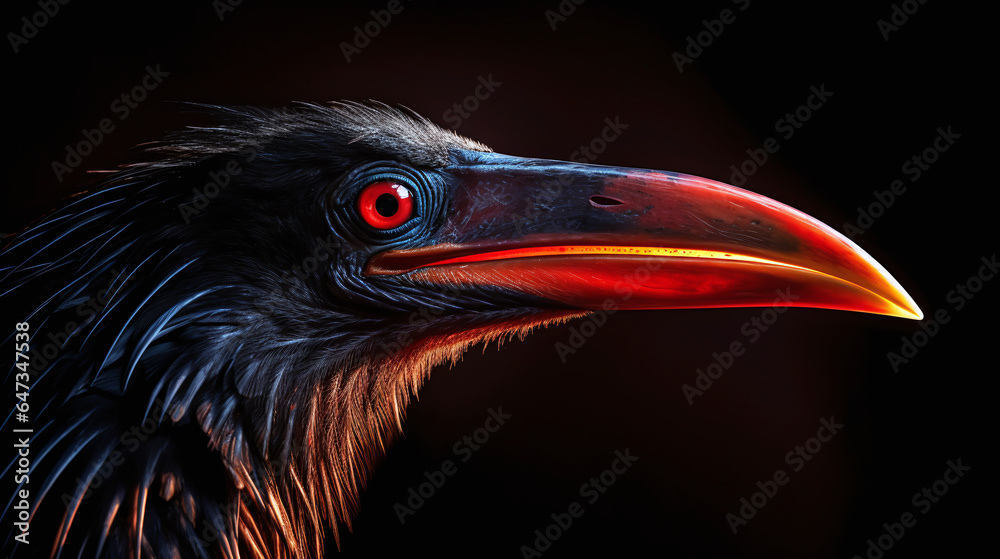 Fototapeta premium Bird beak with glowing red eyes on a black background