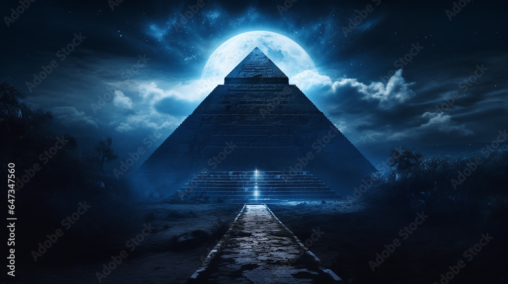 Pyramid illuminated by moonlight in egypt - obrazy, fototapety, plakaty 