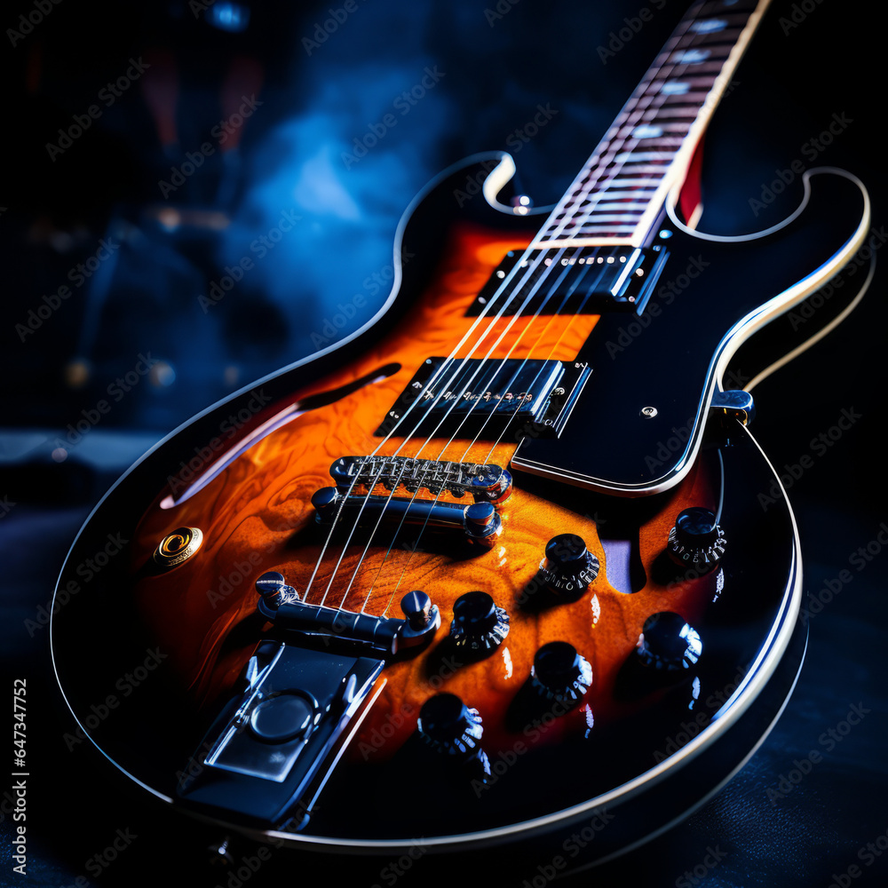 Close up of a guitar with black background Close up of a guitar with black background