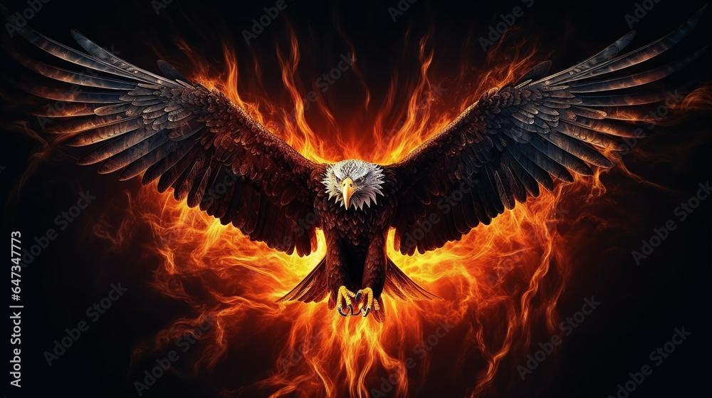 A large glowing eagle flying through a dark sky A large glowing eagle flying through a dark sky