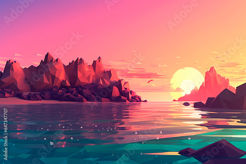 Polygonal beach drawing in sunset colors